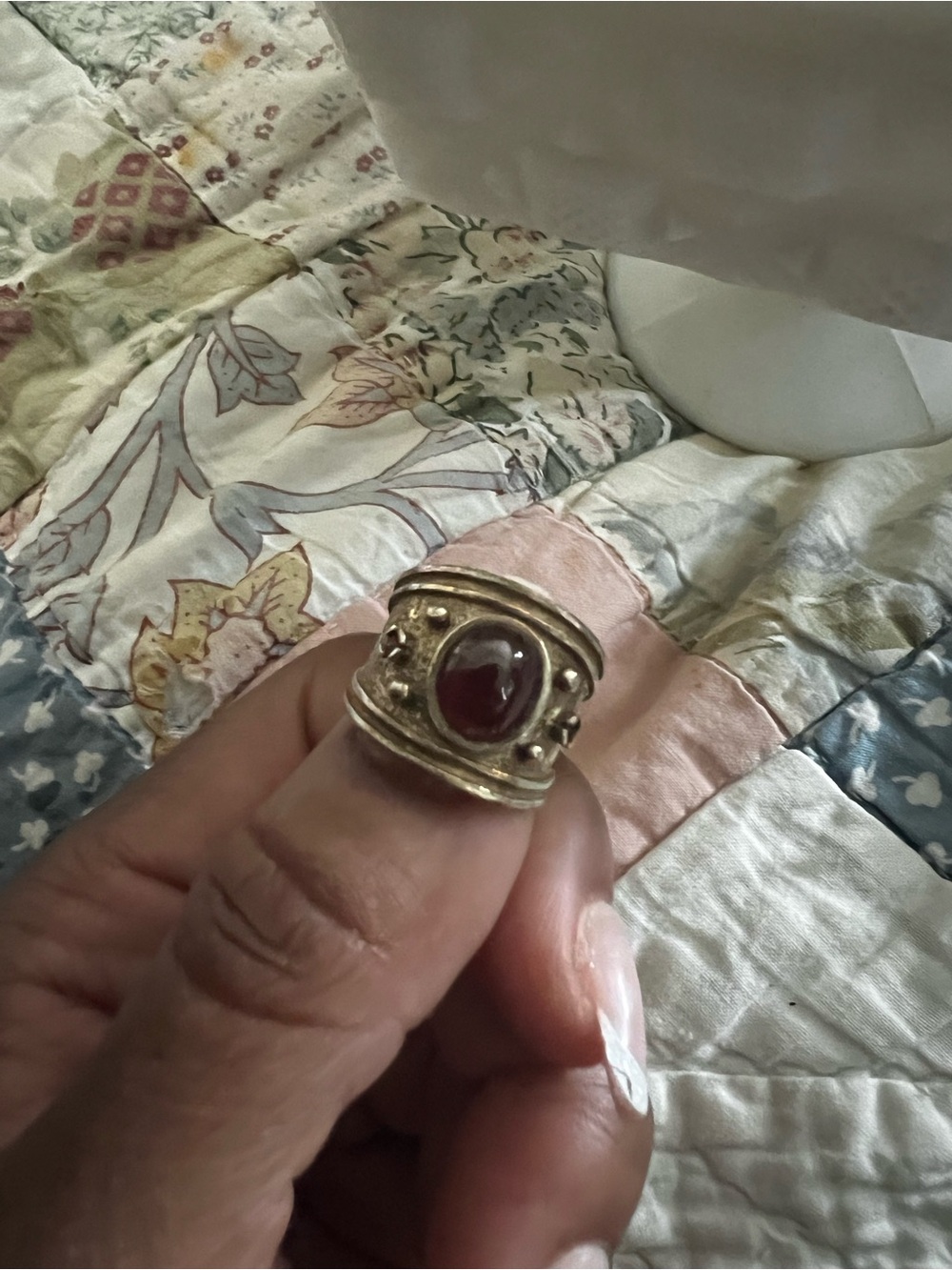 Gold-Tone Wide Band Ring with Red Stone